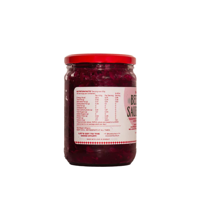 Beetroot Sauerkraut | Traditionally Fermented Probiotic Cabbage With Beetroot - Raw - Real - Natural - No Added Vinegar & No Added Preservatives - Bombucha - 450gm
