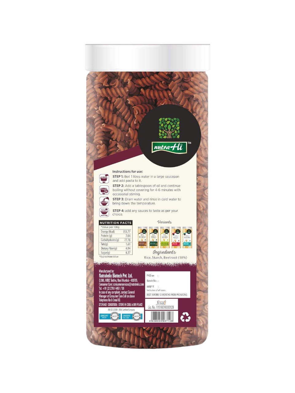 Pasta | Beetroot -Vegan, Gluten Free, No Maida, No Wheat, No Added Flavour & No Added Preservatives - NutraHi - 200gm