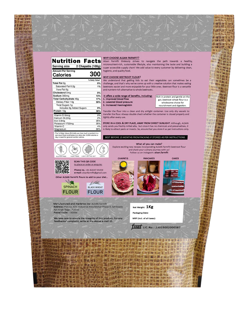 Beetroot Flour | (Made With 100% Black Wheat, Jowar, And Dehydrated Beetroot) - Sundried - Stone Ground - Gluten Free, No Added Preservatives - Alsan - 1000gm