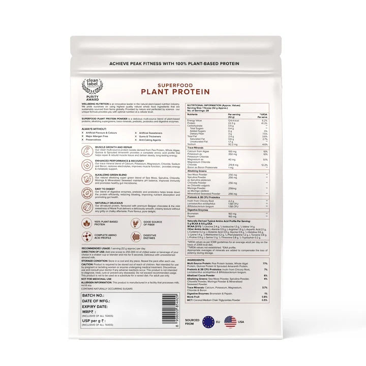 Protein Powder | Plant Protein - Belgian Dark Chocolate – 22gm Plant Protein – Vegan, Gluten Free, Dairy Free & Non GMO – Wellbeing Nutrition – 907gm