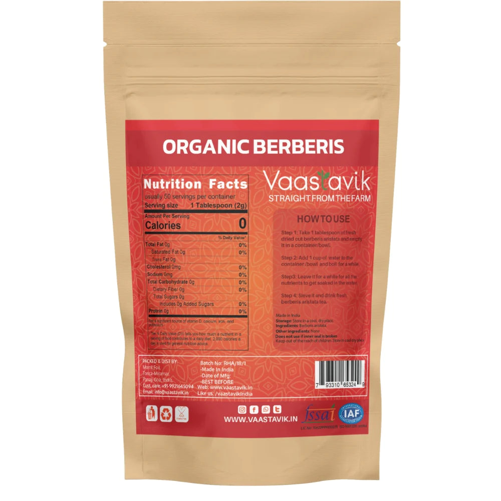 Tea | Berberis Aristata - Dried Cut Herb - Himalayan Sourced - Traditional Medicinal Tea - Organic - Skin Healing Properties & Caffeine Free - Vaastavik - 100gm