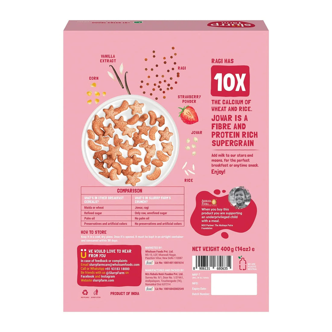 Millet Crunch Cereal – Strawberry Stars and Moons – No Added Refined Sugar - Slurrp Farm – 400gm