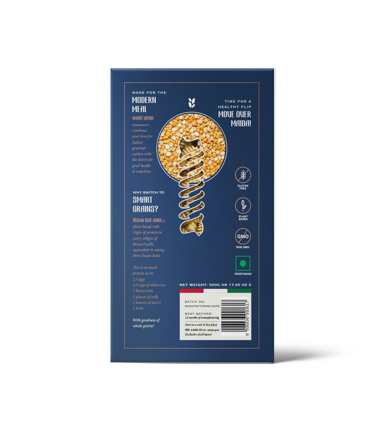 Pasta | Besan Fusilli Pasta (Made With Besan Gram Flour) – Smooth Taste & Texture - Plant Based – High In Protein – Gluten Free, No Maida, No Wheat, Non GMO & No Added Preservatives Or Chemical Free – Smart Grain – 500gm