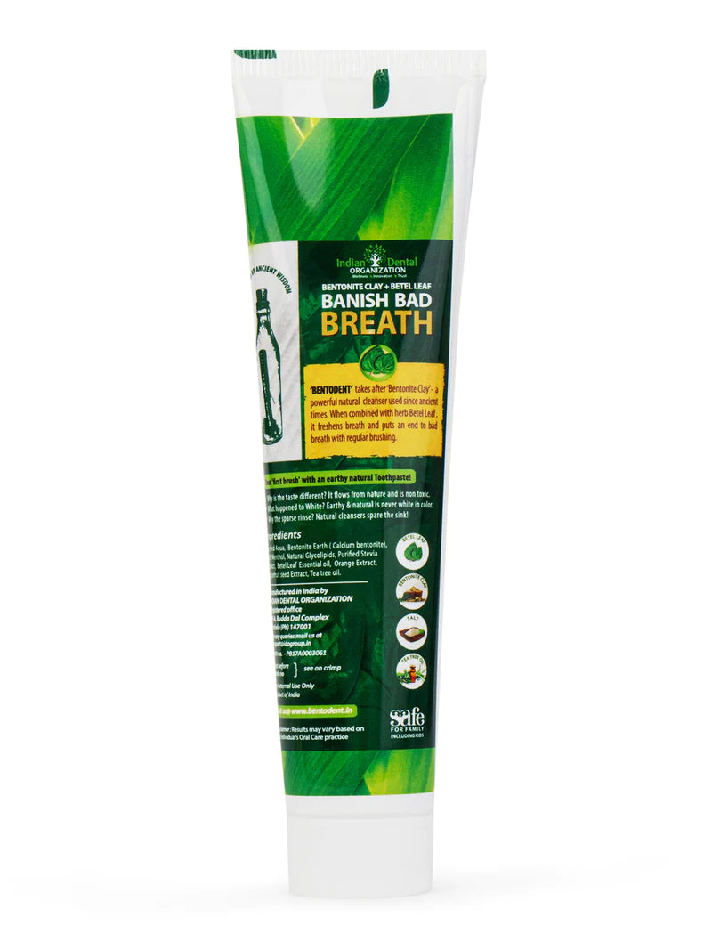 Toothpaste | Betel Leaf - Vegan, Gluten Free, Glycerin Free, Fluoride Free & No Added Artificial Colors - Bentodent - 100gm