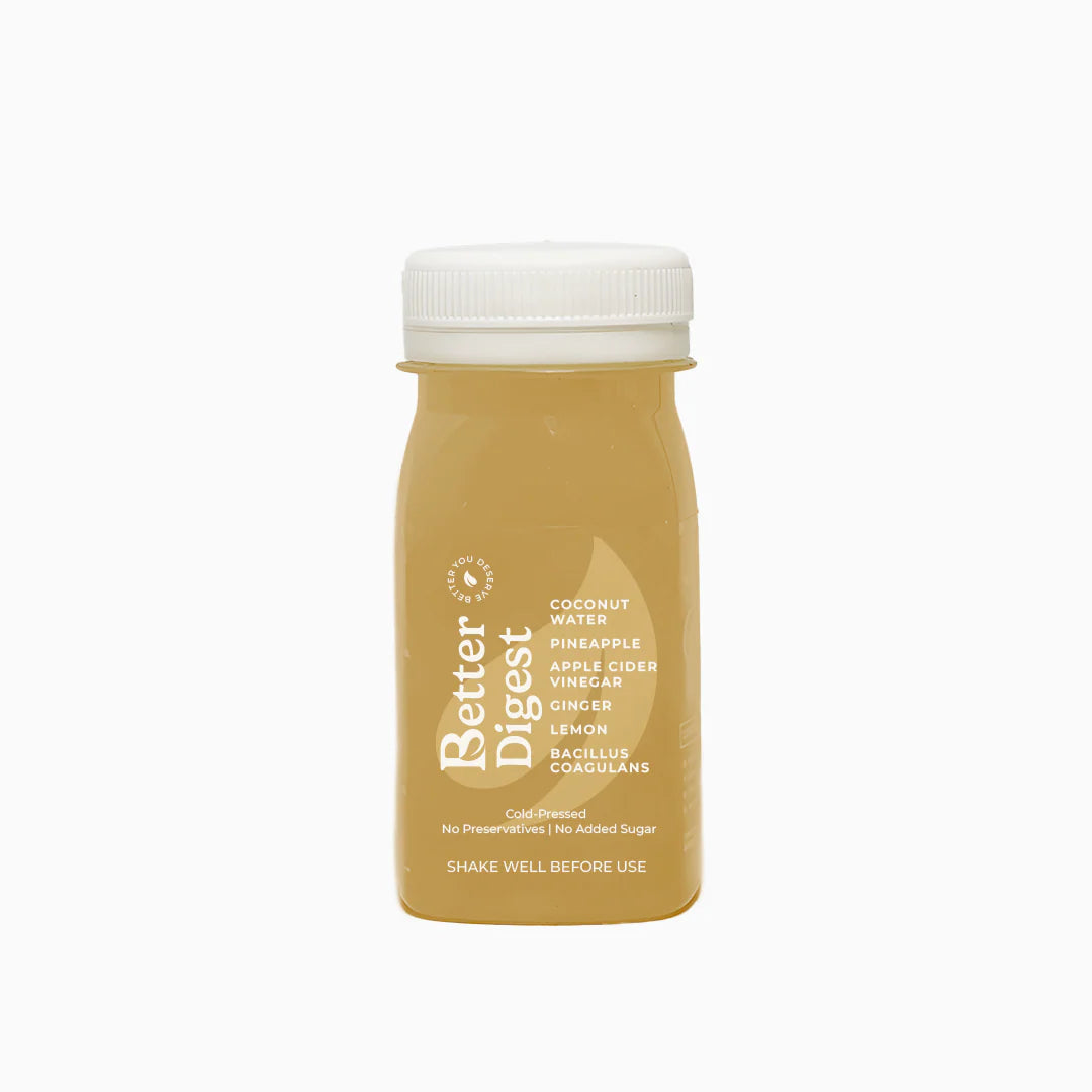 Better Digest | Your Daily Fix For A Happy Gut - Coconut Water - Pineapple - Apple Cider Vinegar - Ginger - Lemon - Bacillus Coagulans - Cold Pressed - Vegan, Gluten Free, Non GMO, No Added Sugar & Preservatives Free - Better Shot - 100ml