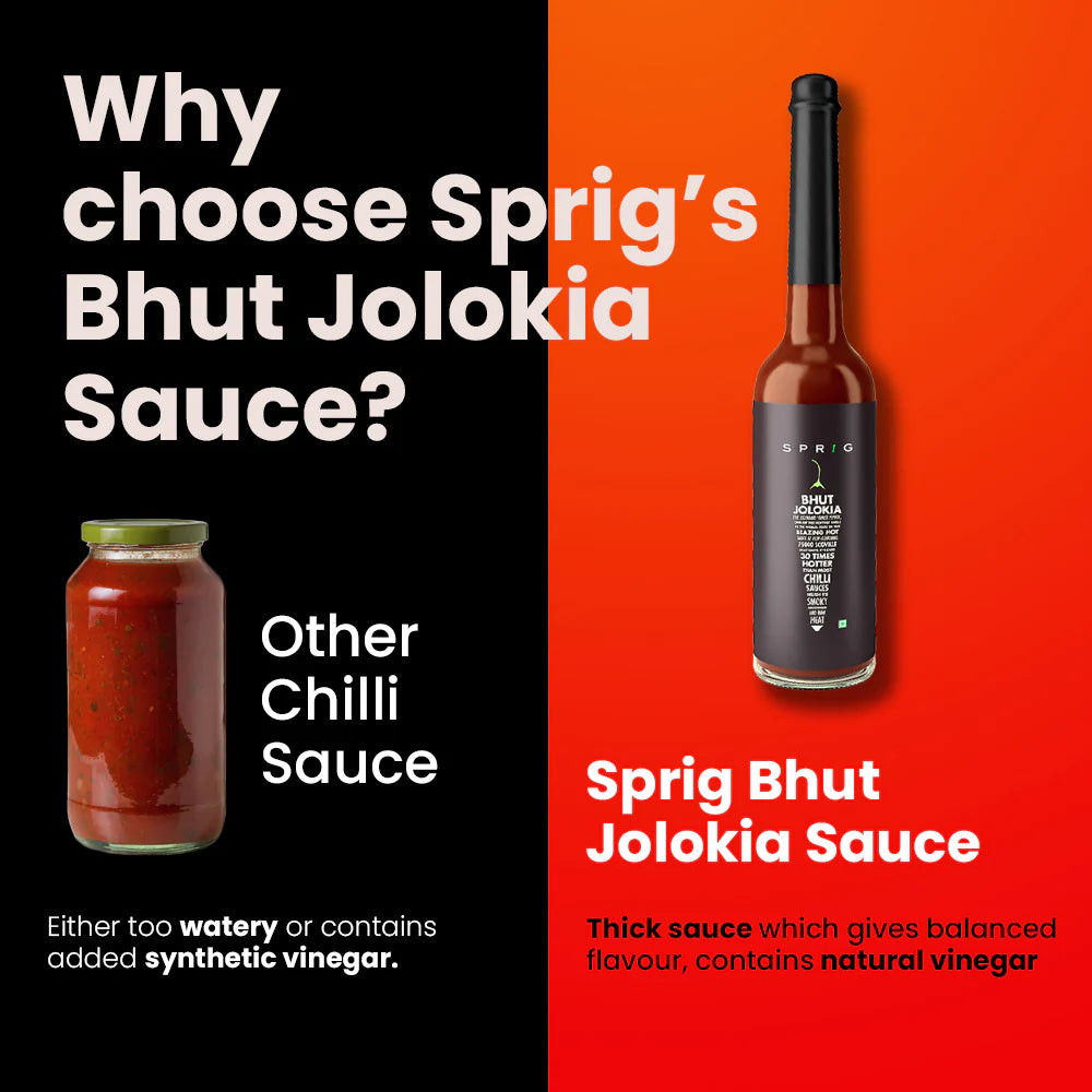 Chilli Sauce | Bhut Jolokia Extra Hot Chilli Sauce - Vegan, Gluten Free & No Added Sugar - Sprig - 120gm