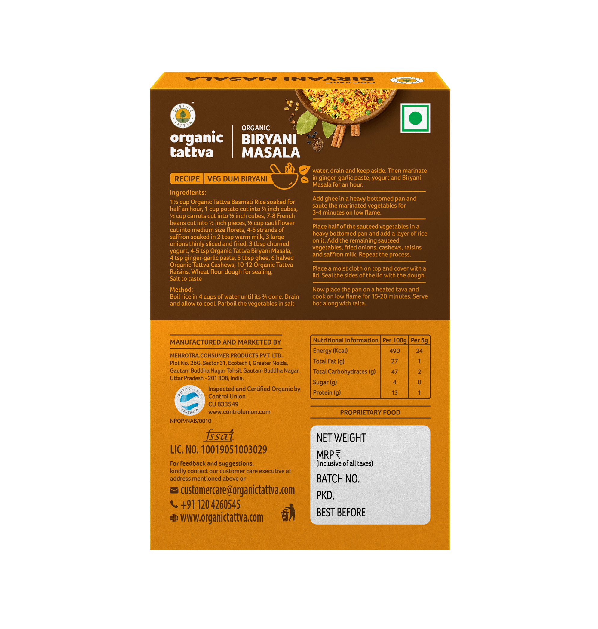 Biryani Masala - USDA Organic - Vegan, Exotic & Flavourful Blend Of Whole Indian Spices For Rice - Organic Tattva – 100gm