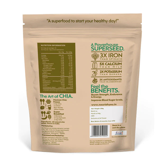 Chia Seed | Black Chia Seeds –USDA Organic- Vegan, Gluten Free, Keto Friendly, Super Source Of Antioxidants Omega-3 Ala, Fibre, Protein, Calcium, Magnesium & Copper - Nourish You – 1000gm