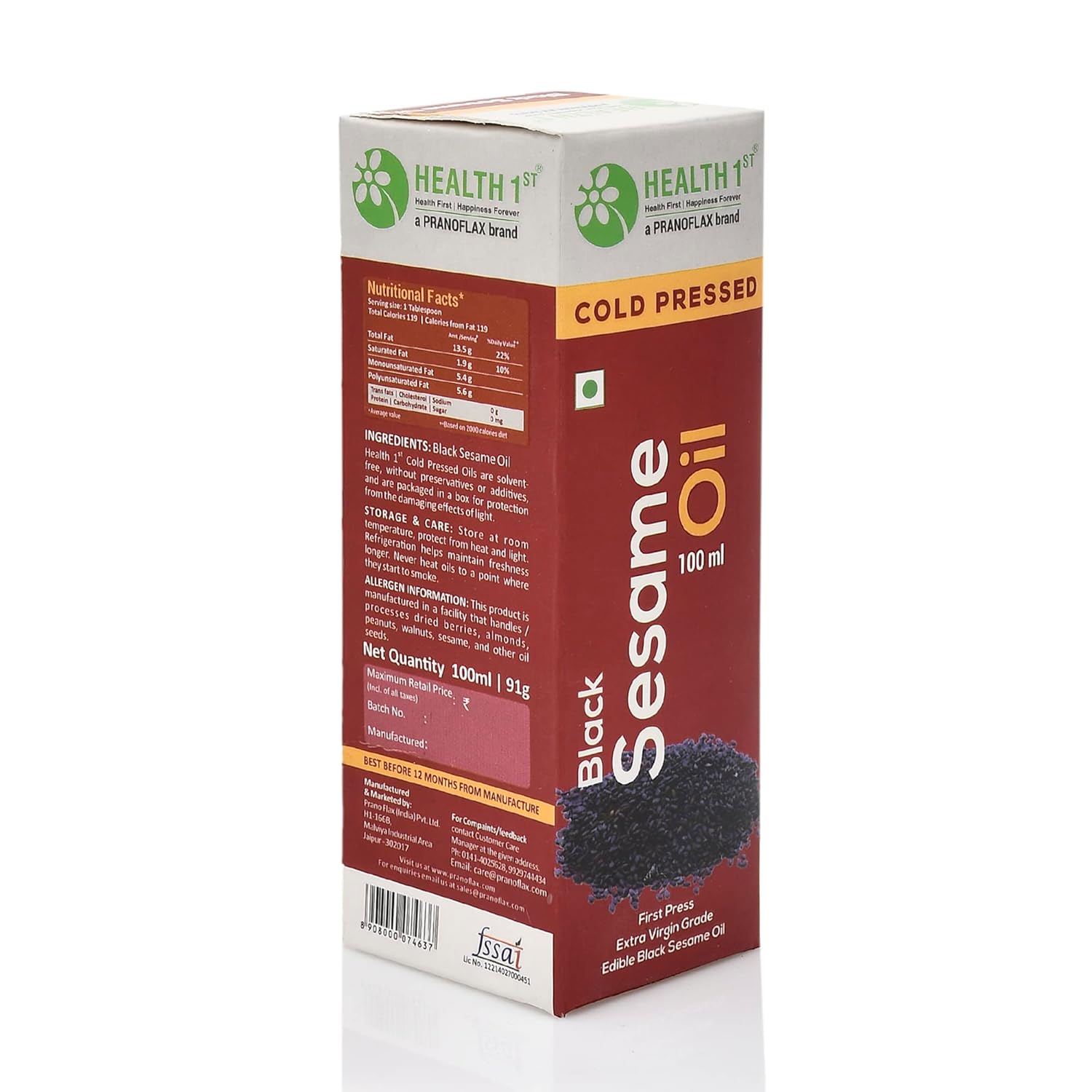 Black Sesame Oil - Cold Pressed - Health 1st - 100ml