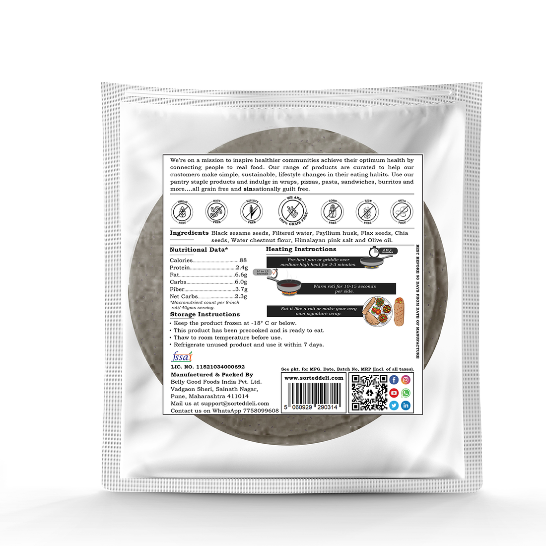 Tortilla | Black Sesame Seed Roti – Wrap – 2.3 Gms Net Carbs - Vegan, Gluten Free, No Maida, Keto Friendly, Diabetic Friendly & No Additives – Get Sorted – Pack Of 5
