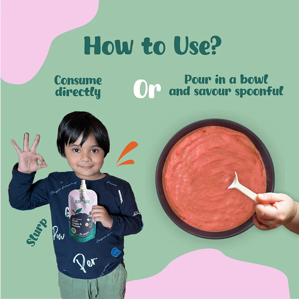 Puree | Black Grapes and Banana Puree - 100% Natural - Cold Pressed Ingredients - No Added Sugar, Salt, Flavours, Colours & No Artificial Ingredients - Lil Sprouts - 100gm