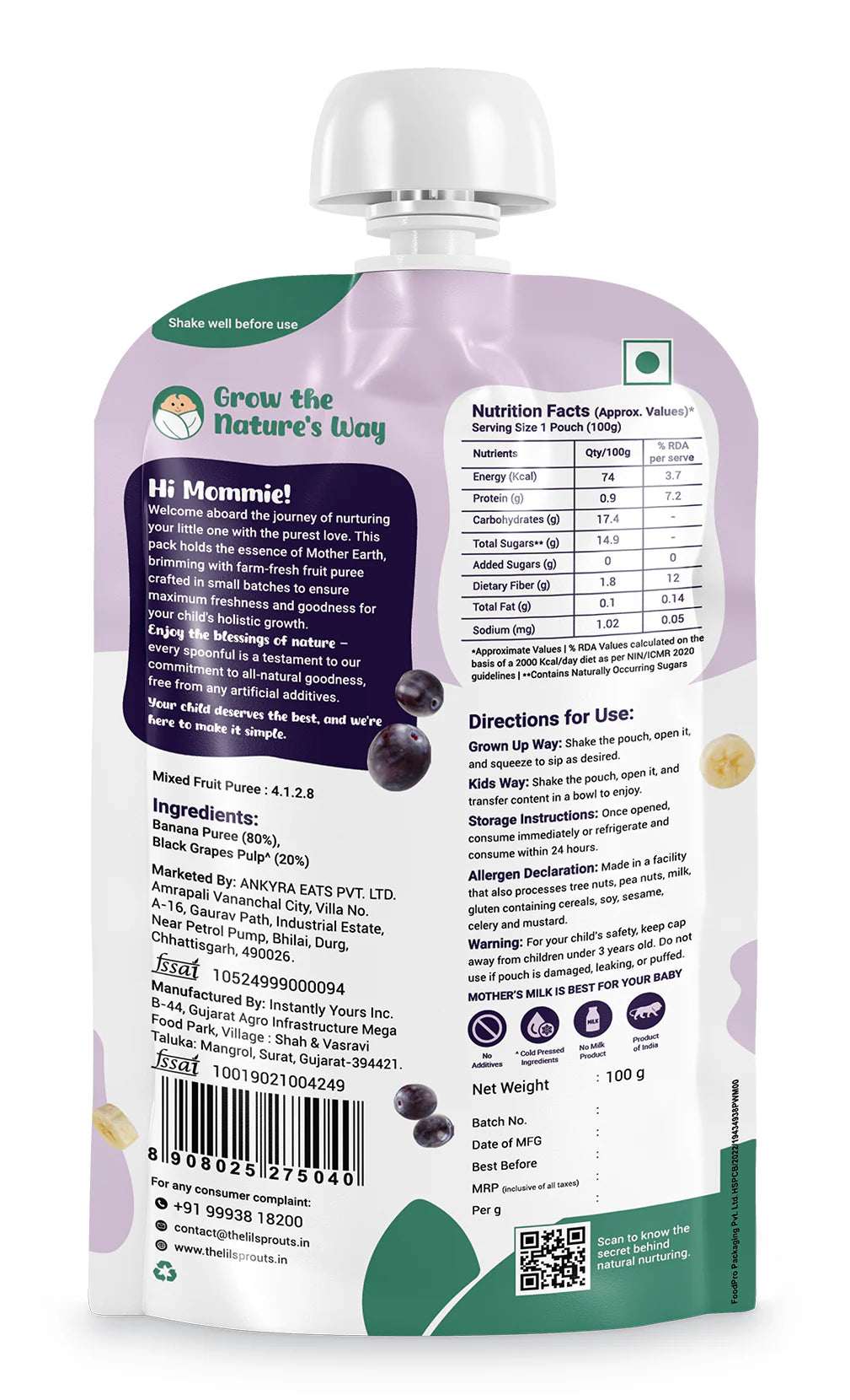 Puree | Black Grapes and Banana Puree - 100% Natural - Cold Pressed Ingredients - No Added Sugar, Salt, Flavours, Colours & No Artificial Ingredients - Lil Sprouts - 100gm