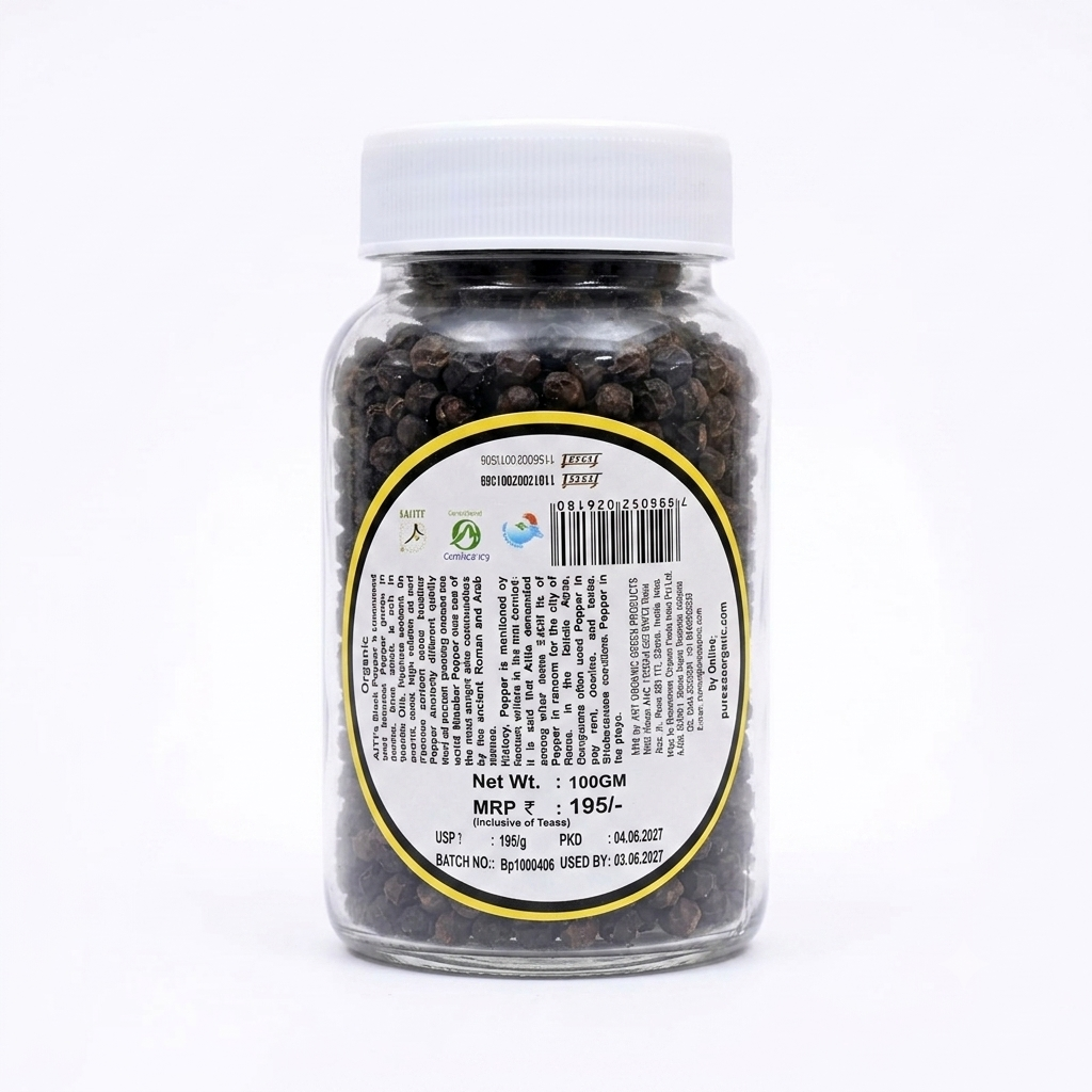 Black Pepper (Tellicherry Bold Pepper)-Whole Black Pepper Corns- 100% Organic -No Preservative- Mrt Organic- 100gm