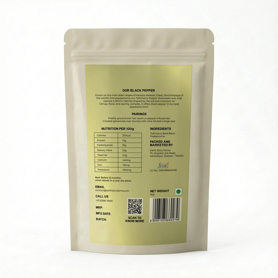 Whole Spices | Black Pepper(Tellicherry Bold) - Thalassery (Kerala) - Preservative-Free - Earth Story Farms- 50gm
