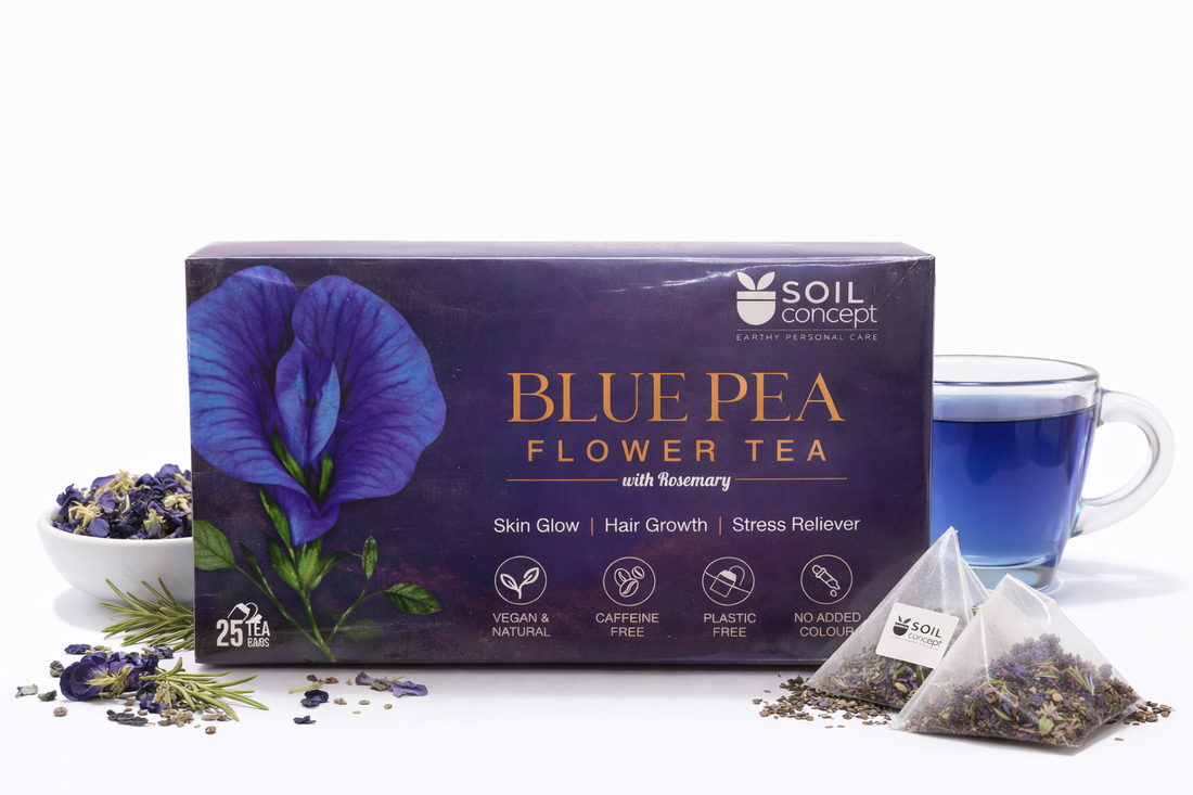 Tea | Blue Pea Flower Tea with Rosemary-Skin Glow, Hair Growth , Stress Reliever -Vegan & Natural, Free Caffeine , Plastic & No Added Colour – Soil Concept – 25 Tea Bags