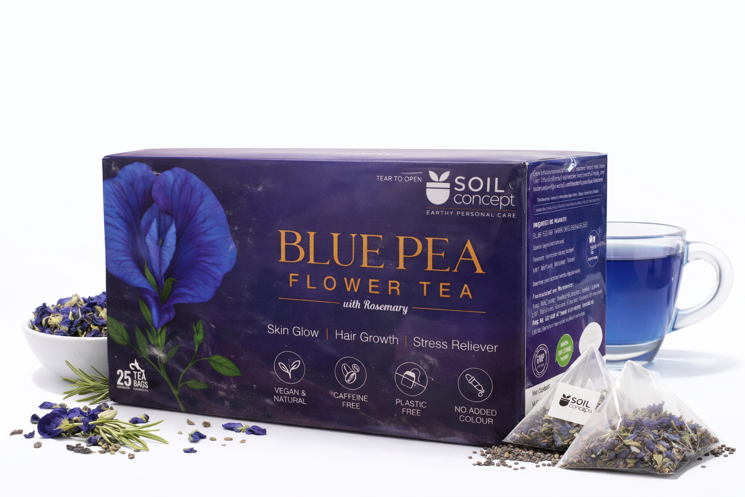 Tea | Blue Pea Flower Tea with Rosemary-Skin Glow, Hair Growth , Stress Reliever -Vegan & Natural, Free Caffeine , Plastic & No Added Colour – Soil Concept – 25 Tea Bags