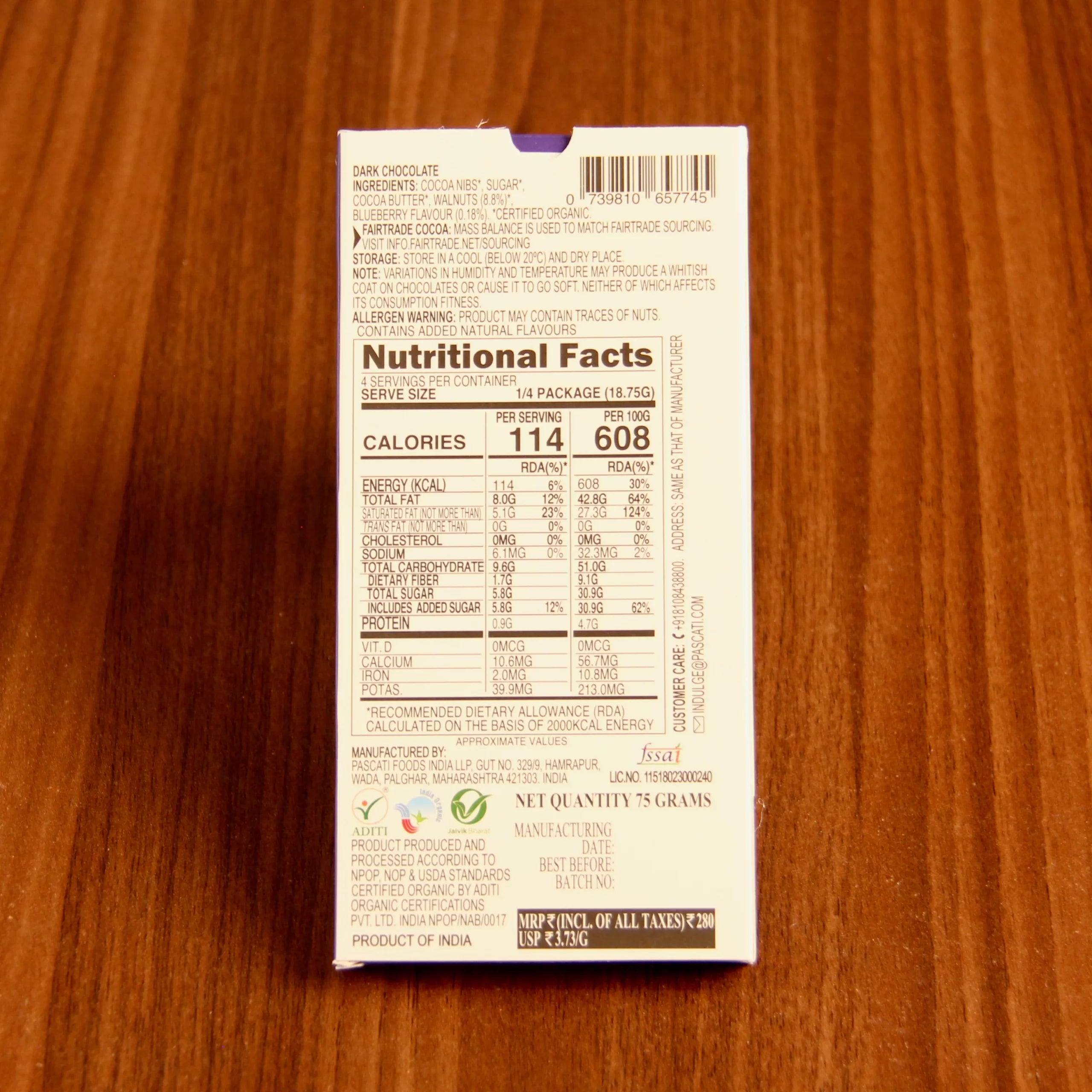 Blueberry Walnut Dark Chocolate - USDA Organic - Vegan & Gluten Free - Pascati - 75gm