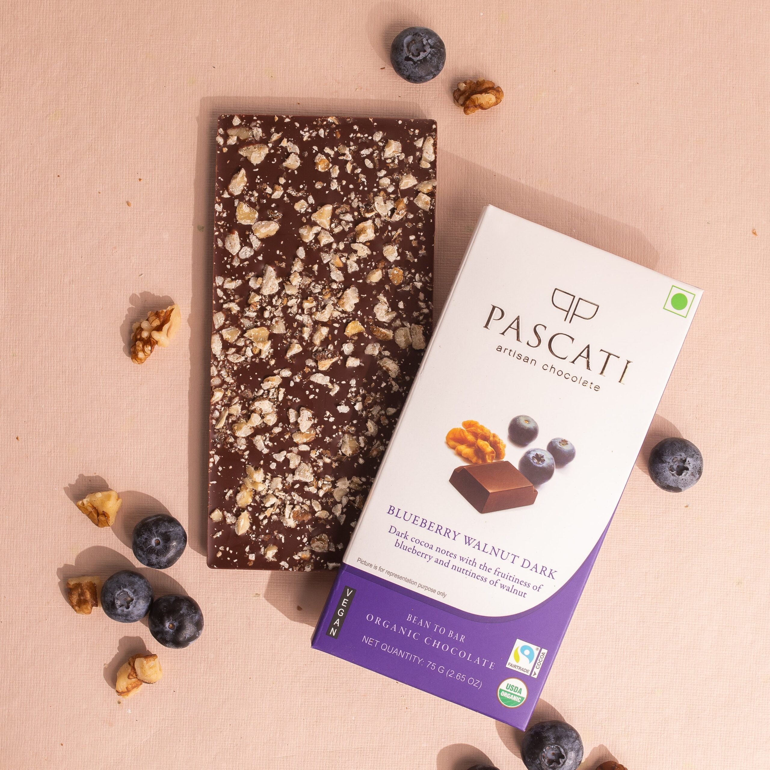 Blueberry Walnut Dark Chocolate - USDA Organic - Vegan & Gluten Free - Pascati - 75gm