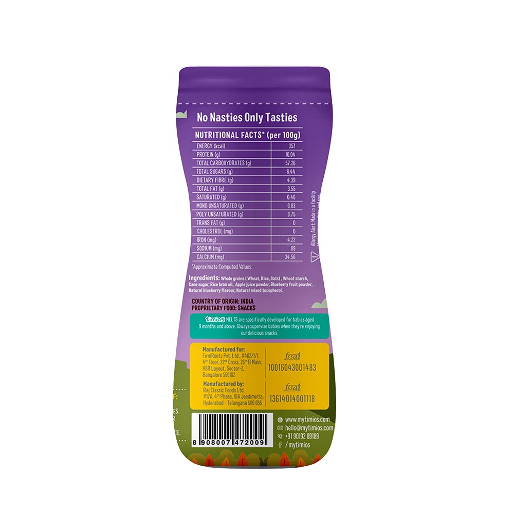 Blueberry Melts | For Babies – Non Fried Whole Grain Snack - High In Protein, Iron, No Added Preservatives & No Added Colors - Timios – 50gm