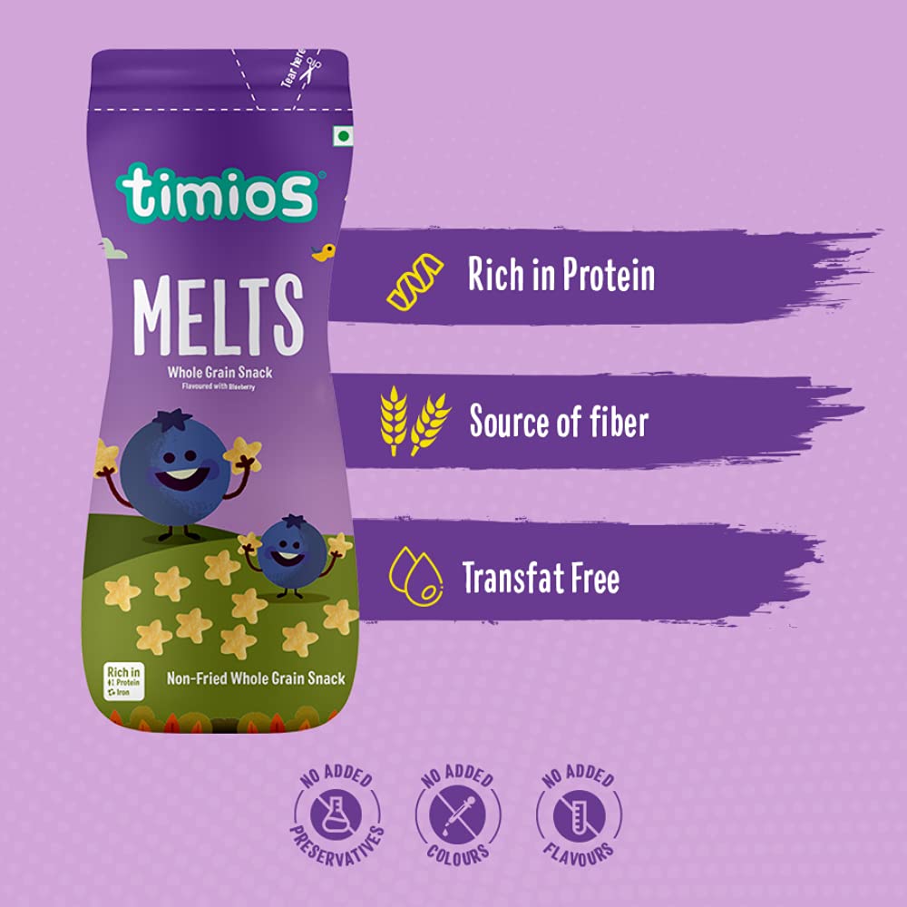 Blueberry Melts | For Babies – Non Fried Whole Grain Snack - High In Protein, Iron, No Added Preservatives & No Added Colors - Timios – 50gm