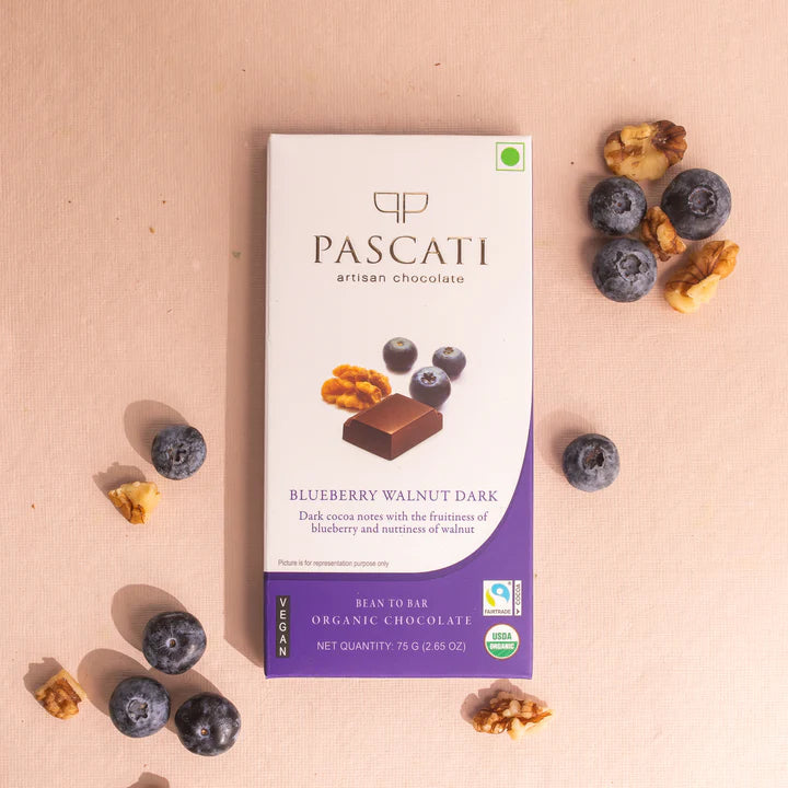 Blueberry Walnut Dark Chocolate - USDA Organic - Vegan & Gluten Free - Pascati - 75gm
