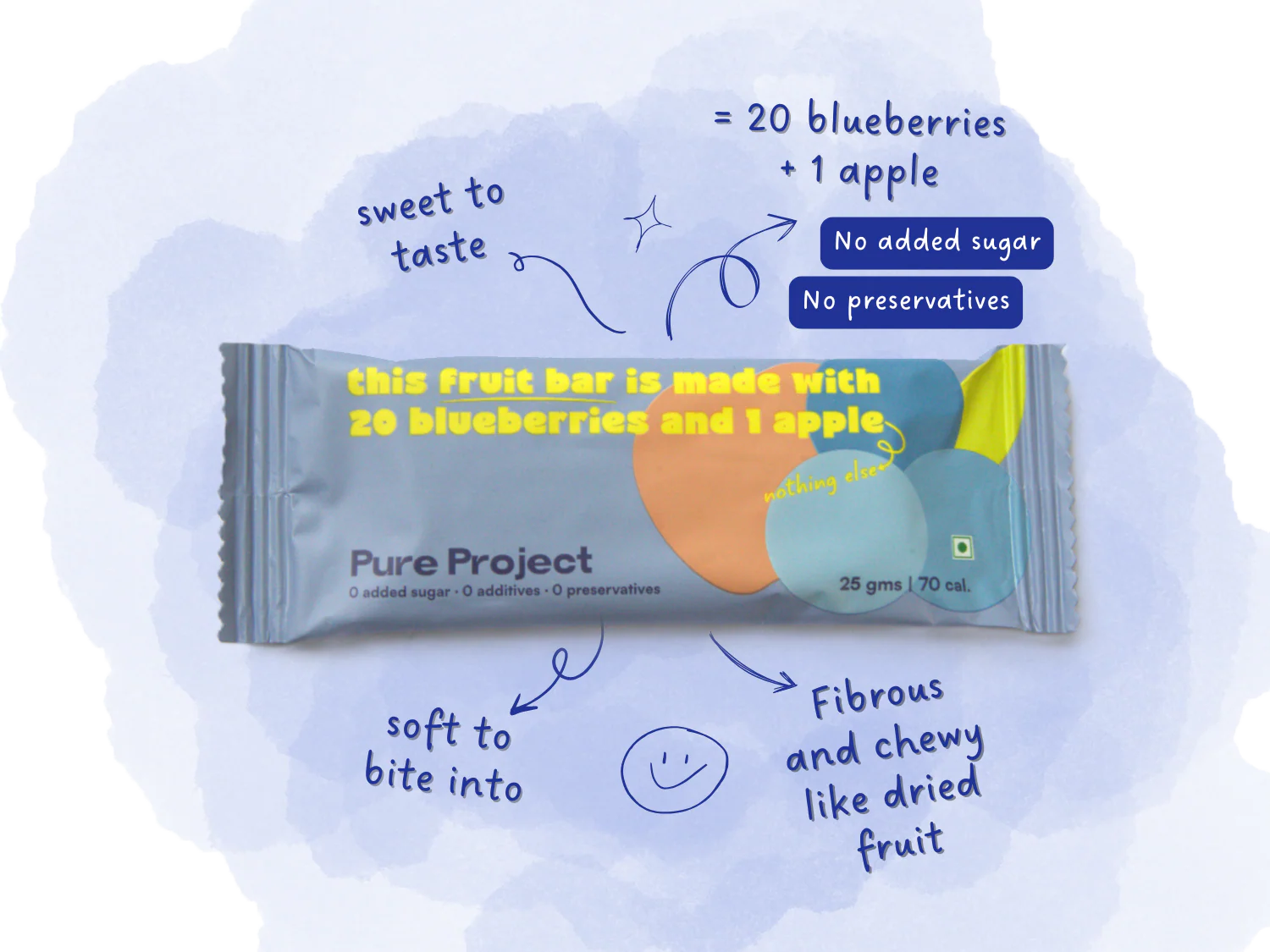 Fruit Bar | Bluberry Apple Fruit Bar - Vegan, Gluten Free & High Fiber - Pure Project - 25gm