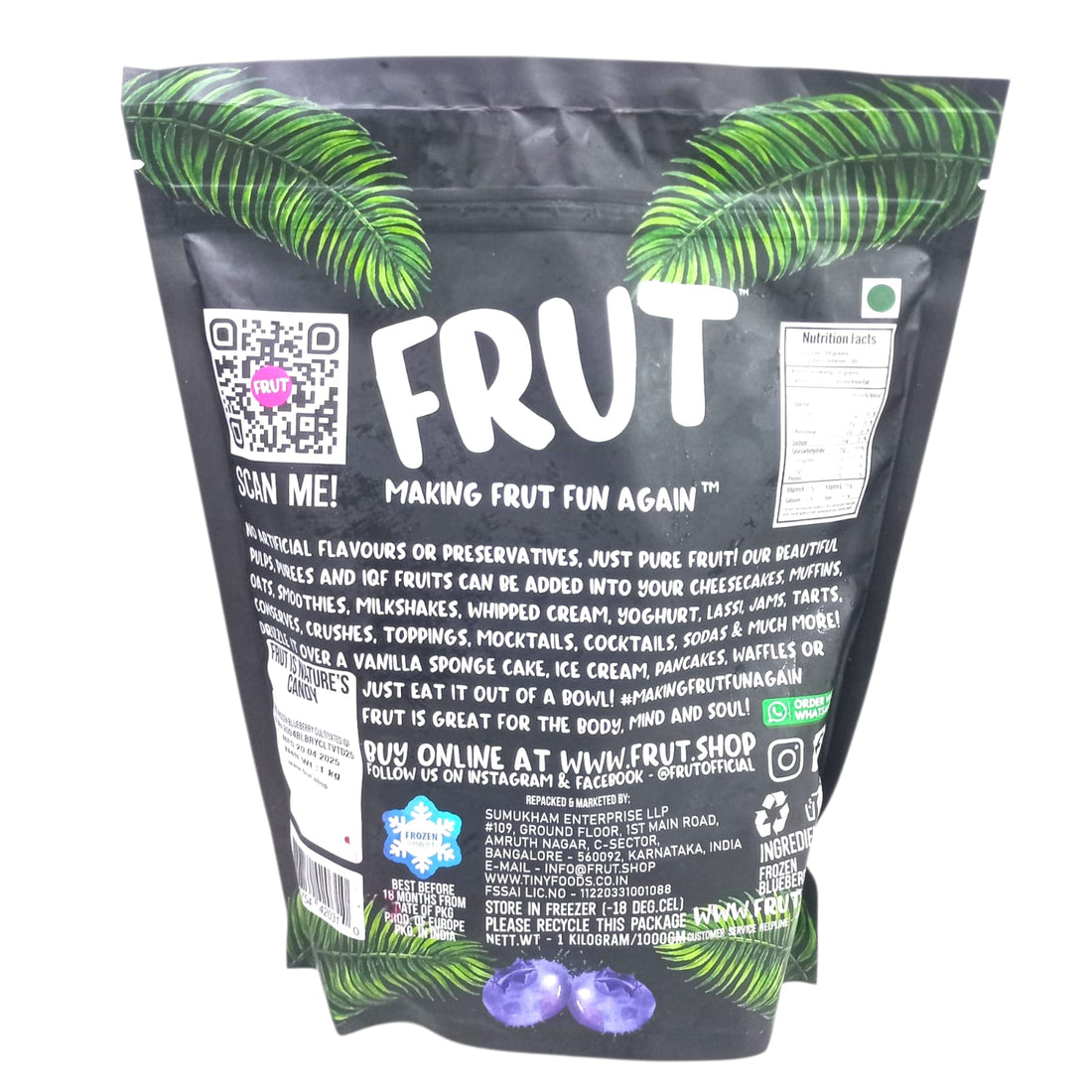 Blueberry | Frozen - Whole – No Added Sugar, Flavours & No Added Preservatives – Frut – 1000gm