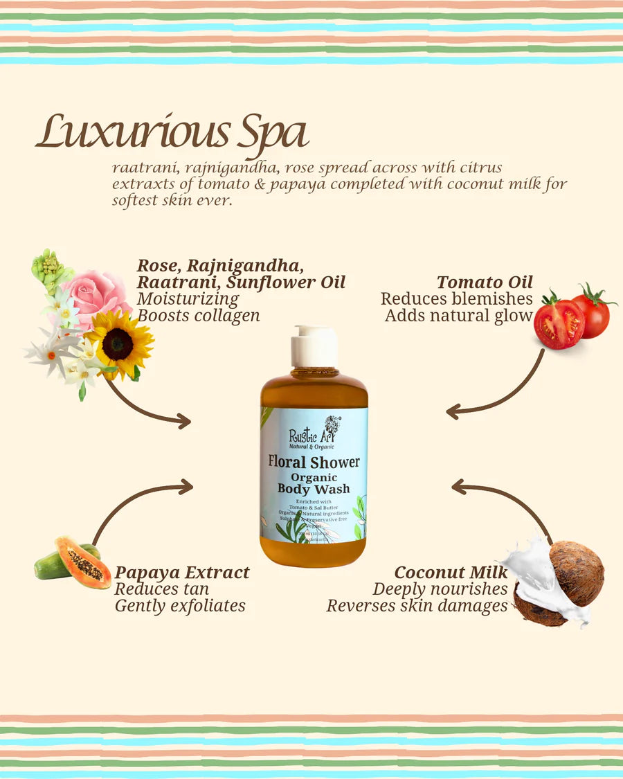 Body Wash | Floral Shower (Enriched With Tomato & Sal Butter) - Organic - Vegan, Sulphate Free, Cruelty Free & Preservatives Free - Rustic Art - 300ml