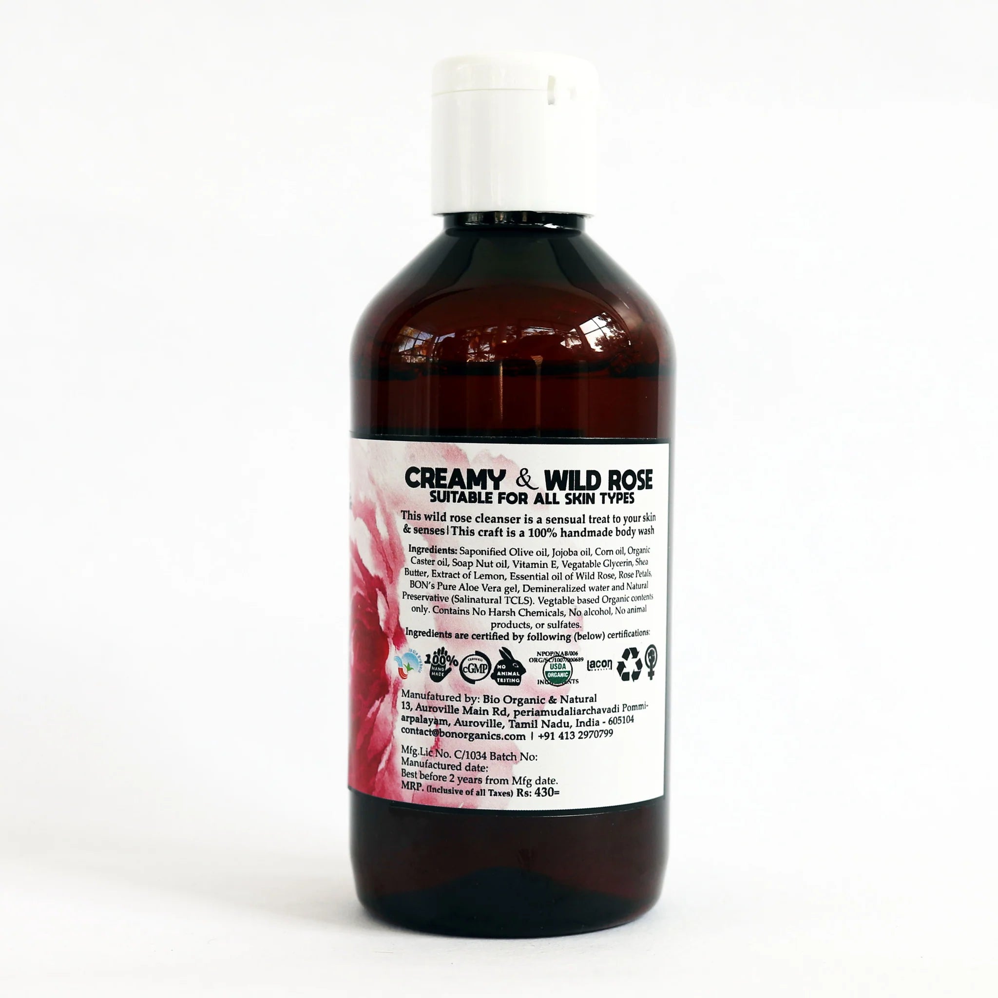 Body Wash | Cream (Rose) - Suitable For All SkinTtypes - Chemical Free, No Sulphate, Silicones, No Artificial Colours & Fragrances - Bon Organics - 250ml