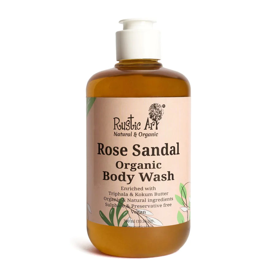 Body Wash | Rose Sandal (Enriched With Triphala & Kokum Butter) – Organic – Vegan, Sulphate Free & Preservatives Free – Rustic Art – 300ml