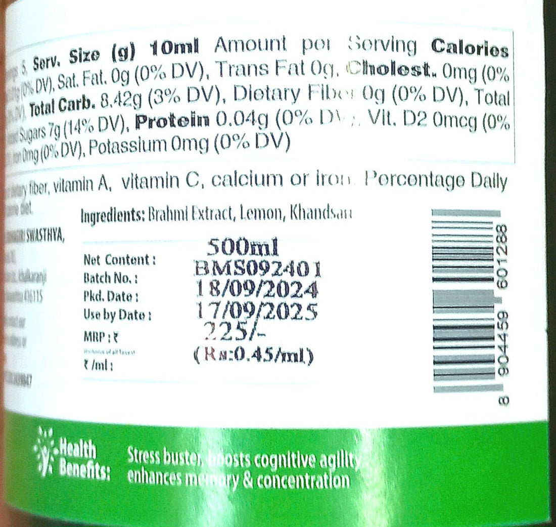 Brahmi Squash | 100% Natural - No Artificial Preservatives, No Added Color & No Added Synthetic Preservatives - Satvyk - 500ml