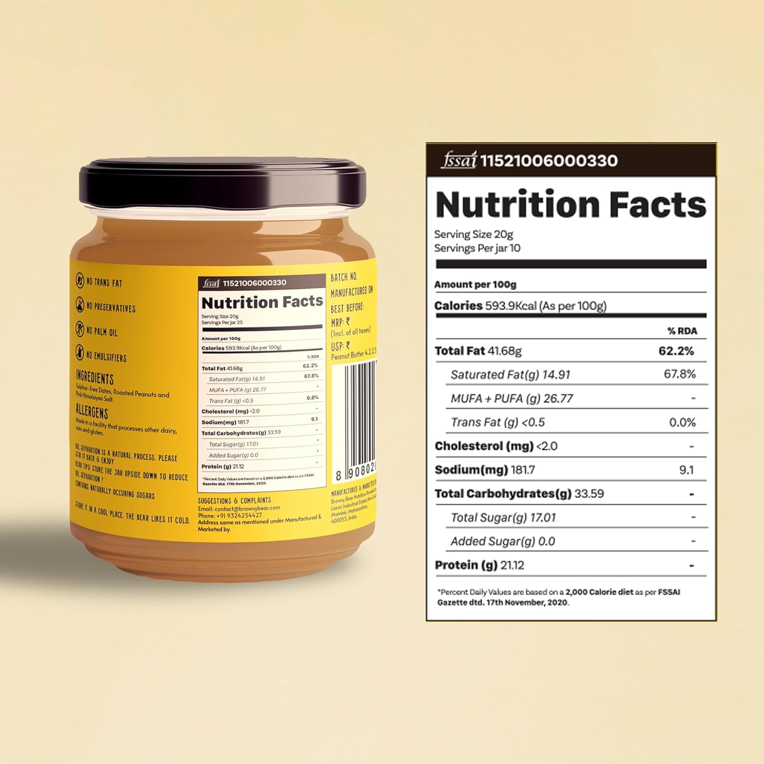 Peanut Butter | Sweetened With Premium Dates - No Added Sugar & No Palm Oil - Brawny Bear - 200gm