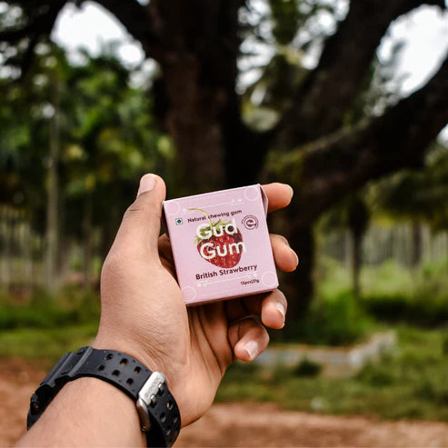 British Strawberry Chewing Gum - Sweet - 15 Pieces Per Pack - Natural - Indian - Vegan, Sugar Free & Plastic Free - Gud Gum - 21gm