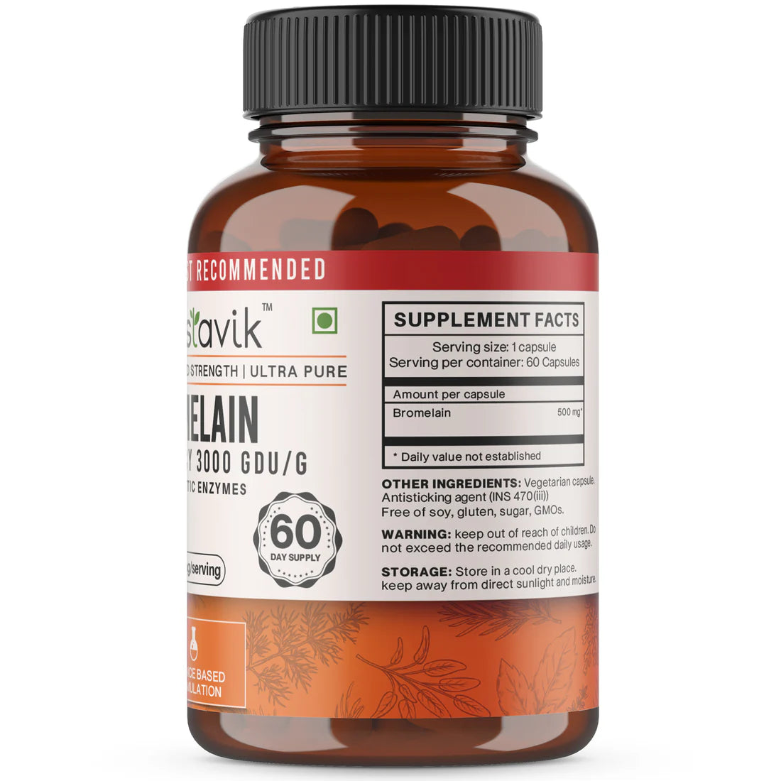 Bromelain | High Potency 3000 GDU/G Proteolytic Enzymes - Soy Free, Gluten Free, No Added Sugar & Non GMO - Vaastavik - (500 mg/Serving) - 60 Capsules