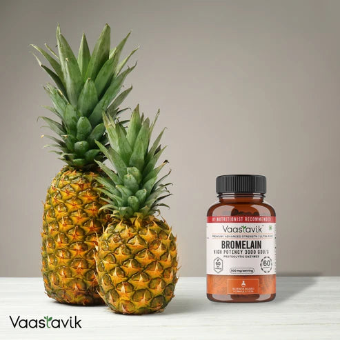 Bromelain | High Potency 3000 GDU/G Proteolytic Enzymes - Soy Free, Gluten Free, No Added Sugar & Non GMO - Vaastavik - (500 mg/Serving) - 60 Capsules