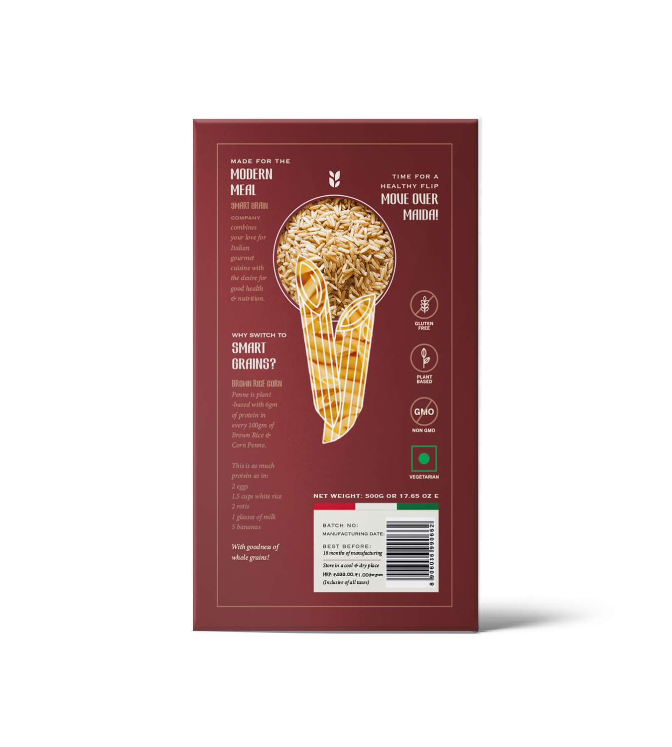 Pasta | Brown Rice Penne Pasta (Made With Brown Rice & Corn) - Plant Based - High In Fiber - Gluten Free, No Maida, No Wheat, Non GMO & No Added Preservatives Or Chemical Free - Smart Grain - 500gm