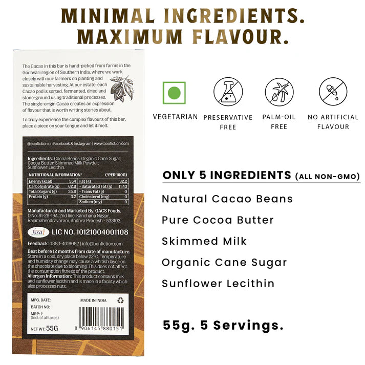 Milk Chocolate | Brown Fields & Country Roads - 55% Dark Milk Chocolate - Tree To Bar – Single Origin – 100% Natural – Vegan, Gluten Free, Palm Oil Free, Non GMO, No Artificial Flavour & No Added Preservatives - Vegan – Bon-Fiction – 55gm