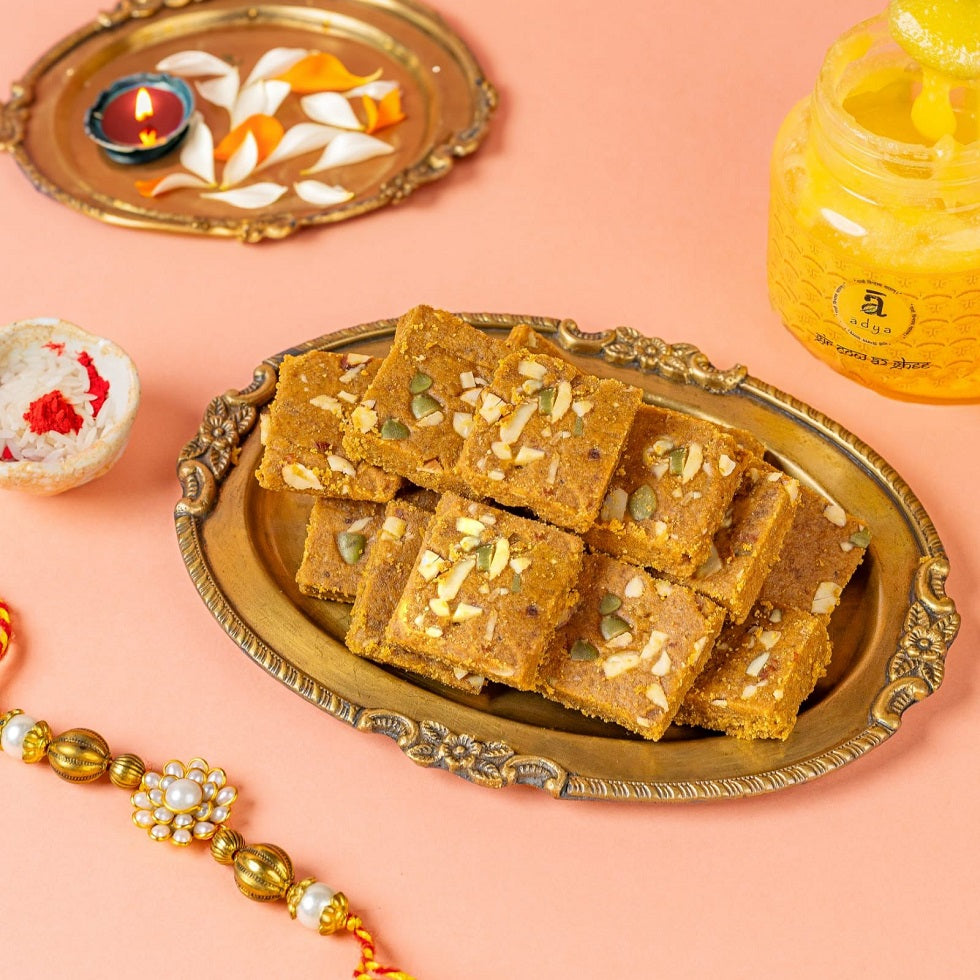 Burfi | Besan Jaggery Burfi (Made From A2 Ghee, Jaggery, Stoneground Besan, Pumpkin Seeds & Almonds) – Handcrafted – Gut Friendly, Chemical Free & Pesticide Free- Adya Organics – 220gm