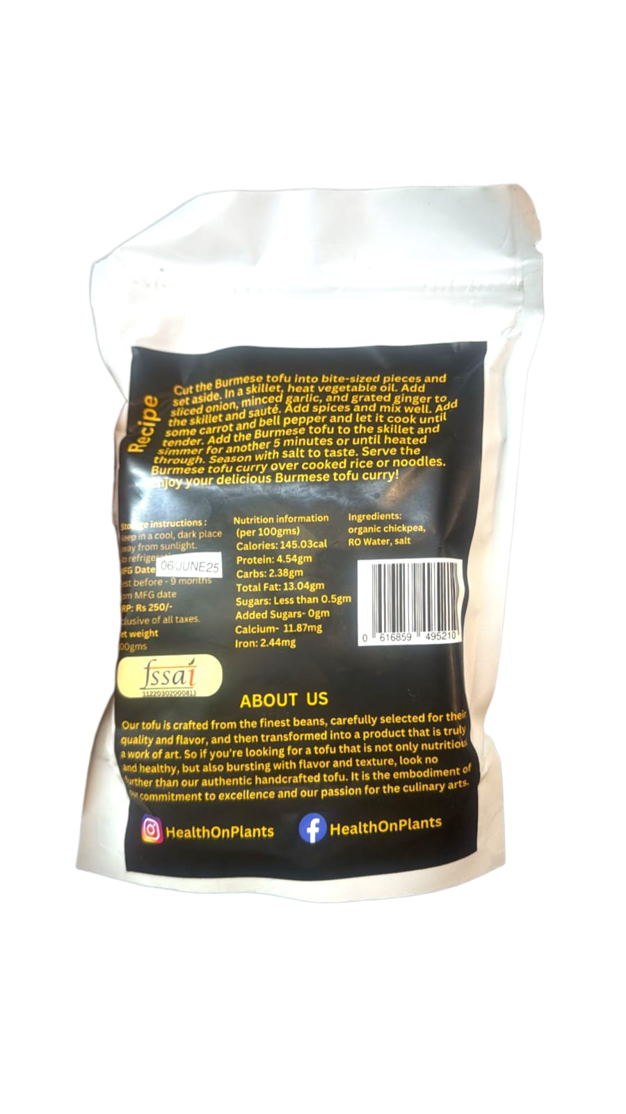 Chickpea Tofu | Burmese Tofu - 100% Organic Brown Chickpeas - No Preservatives, Additives & No Artificial Ingredients - Health on Plants – 200gm