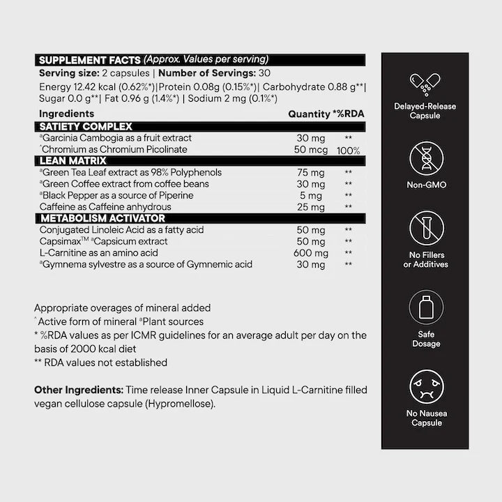 Burn Slow | (Capsimax, CLA & Garcinia Cambogia In Active L- Carnitine) - Non GMO, No Fillers Or No Additives - Wellbeing Nutrition - 60 Capsules