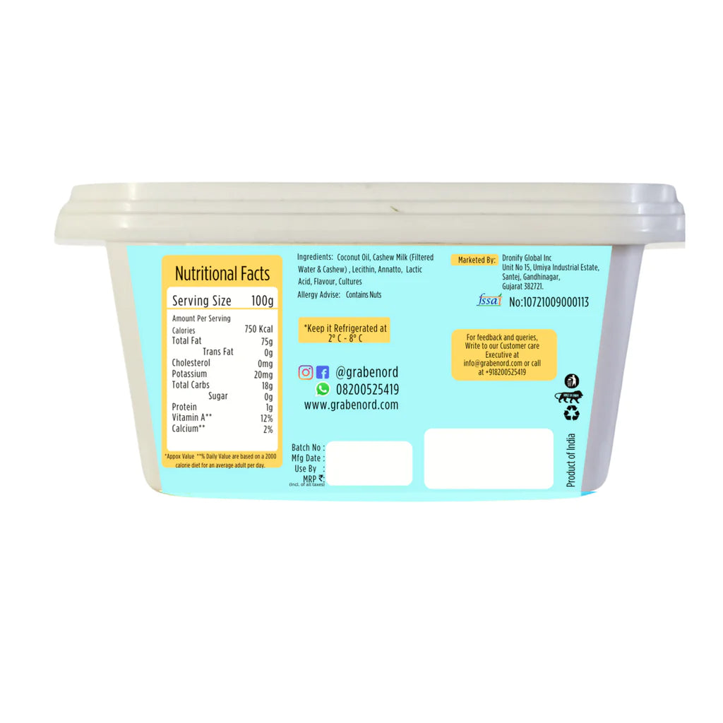 Butter | Cashew Based Spread (Unsalted) – Vegan, Gluten Free, Cruelty Free, Lactose Free, Cholesterol Free & Dairy Free – Grabenord – 200gm