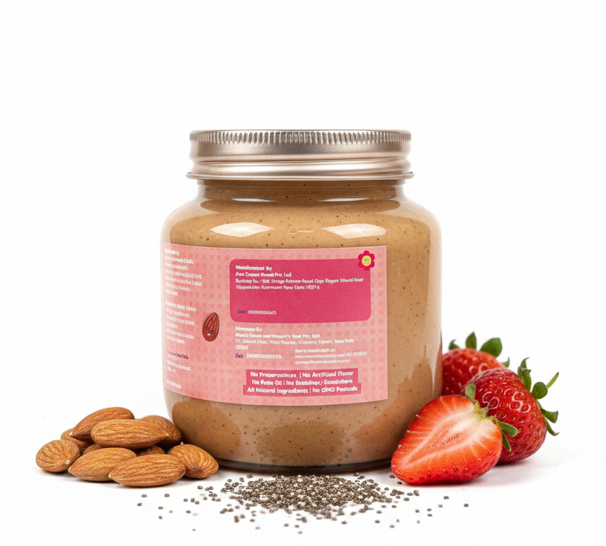 Butter | Strawberry & Chia Seeds Almond Butter-Vegan, Gluten Free -Made from Certified Organic Almonds-No Preservatives, No Artificial Flavour, No Palm Oil & No Emulsifiers - Nature&
