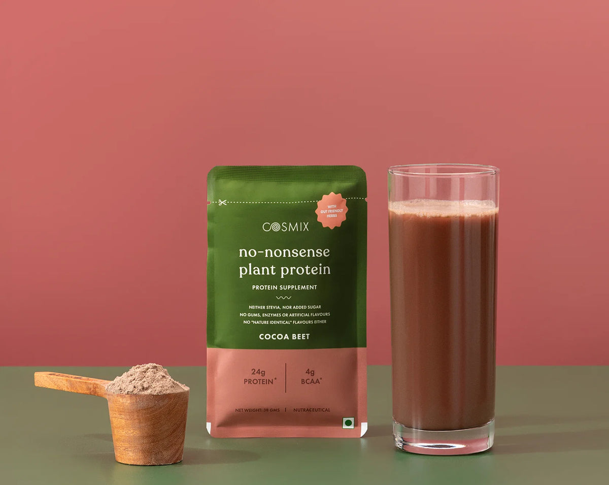 Protein Powder | Cocoa Beet Plant Protein (24gm Protein Per Serving) – No Nonsense - Vegan, Gluten Free, Soy Free, No Trans Fat, No Added Sugar, Gums, Enzymes & No Added Artificial Flavours – Cosmix – 38gm