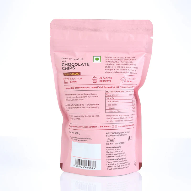Chocolate Chips - 52% Dark Chocolate - Vegan & Gluten Free - Cocoacraft - 200gm