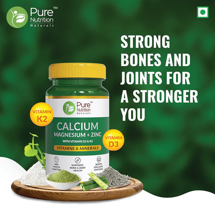 Calcium | Magnesium + Zinc (With Vitamin D3 & K2) - Vitamin And Minerals - Maintains Bone Health And Supports Muscle Functions & Boosts Collagen Synthesis - Pure Nutrition - 1400mg - 60 Capsules
