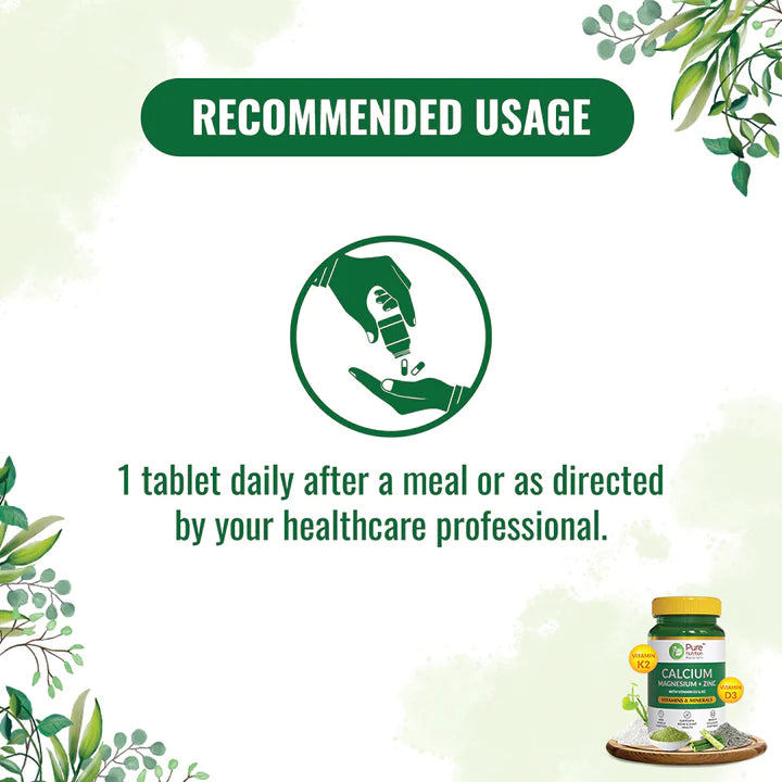 Calcium | Magnesium + Zinc (With Vitamin D3 & K2) - Vitamin And Minerals - Maintains Bone Health And Supports Muscle Functions & Boosts Collagen Synthesis - Pure Nutrition - 1400mg - 60 Capsules