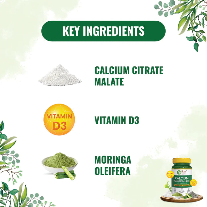 Calcium | Magnesium + Zinc (With Vitamin D3 & K2) - Vitamin And Minerals - Maintains Bone Health And Supports Muscle Functions & Boosts Collagen Synthesis - Pure Nutrition - 1400mg - 60 Capsules