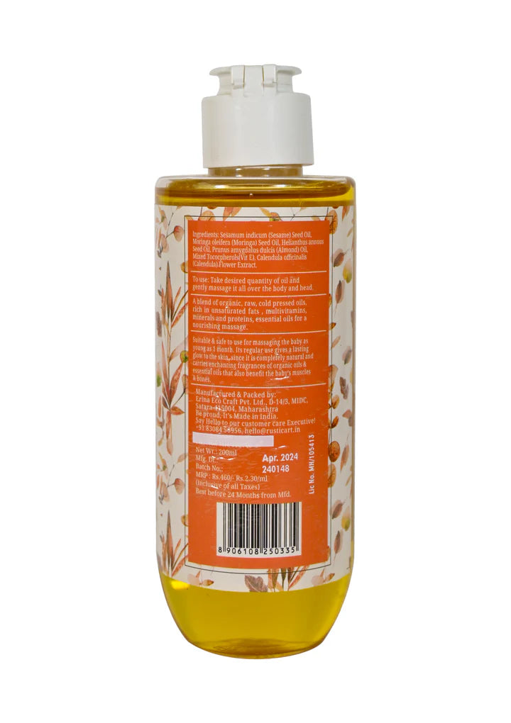 Massage Oil | Calendula Baby Massage Oil Organic - Cruelty Free, No Mineral Oil Or No Synthetic Dyes & No Perfumes - Rustic Art - 200ml