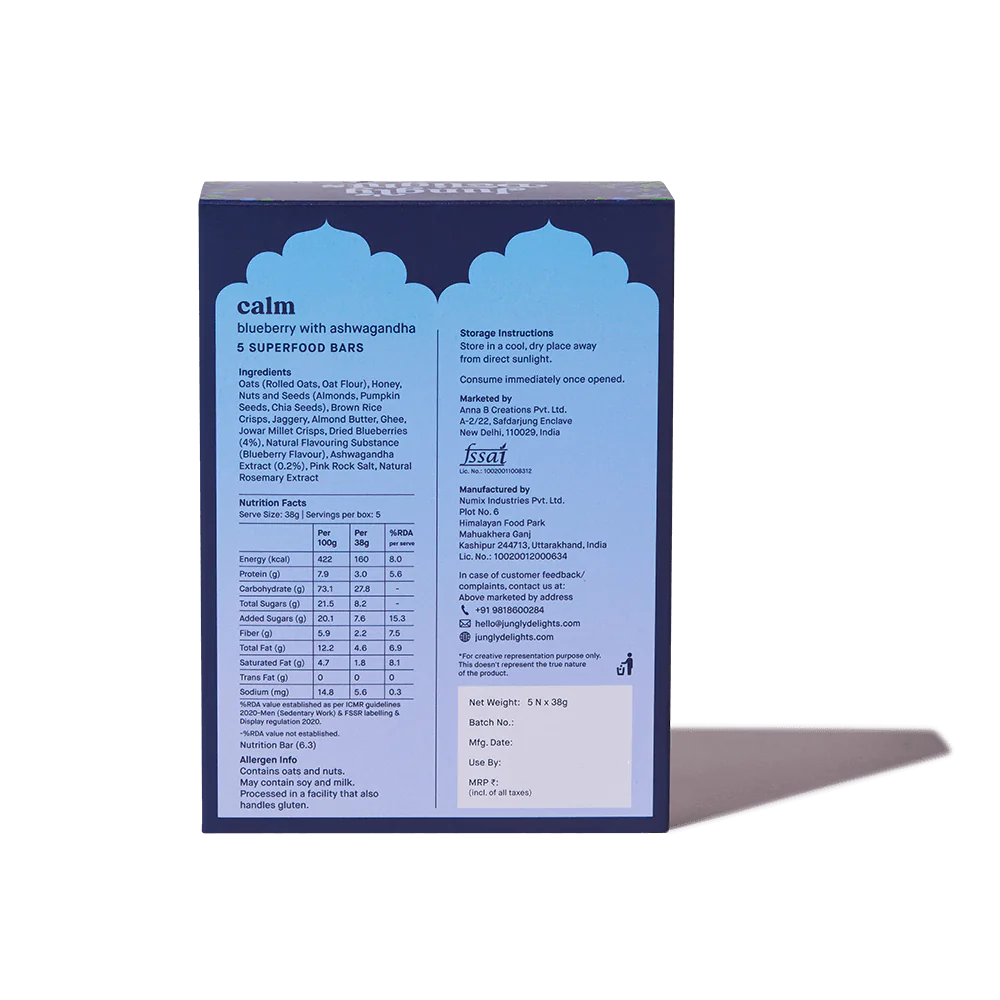 Calm Blueberry With Ashwagandha (Super Food Bar) - Indian - Gluten Free, No Refined Sugar & Support Immunity - Jungly Delights - 38gm
