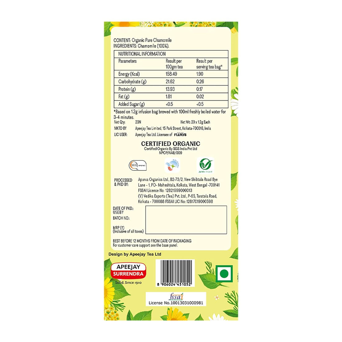 Tea | Calming Organic Chamomile - Caffeine Free - Flurys - 20 Tea Bags